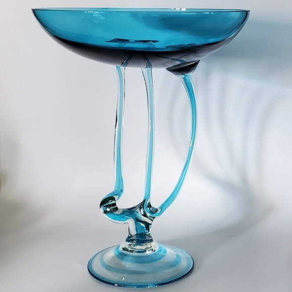 10 3/4" Tall Large Handcrafted Blown Art Glass Aqua Blue Jelly Fish🎐 Bowl 🇵🇱 - Picture 10 of 13